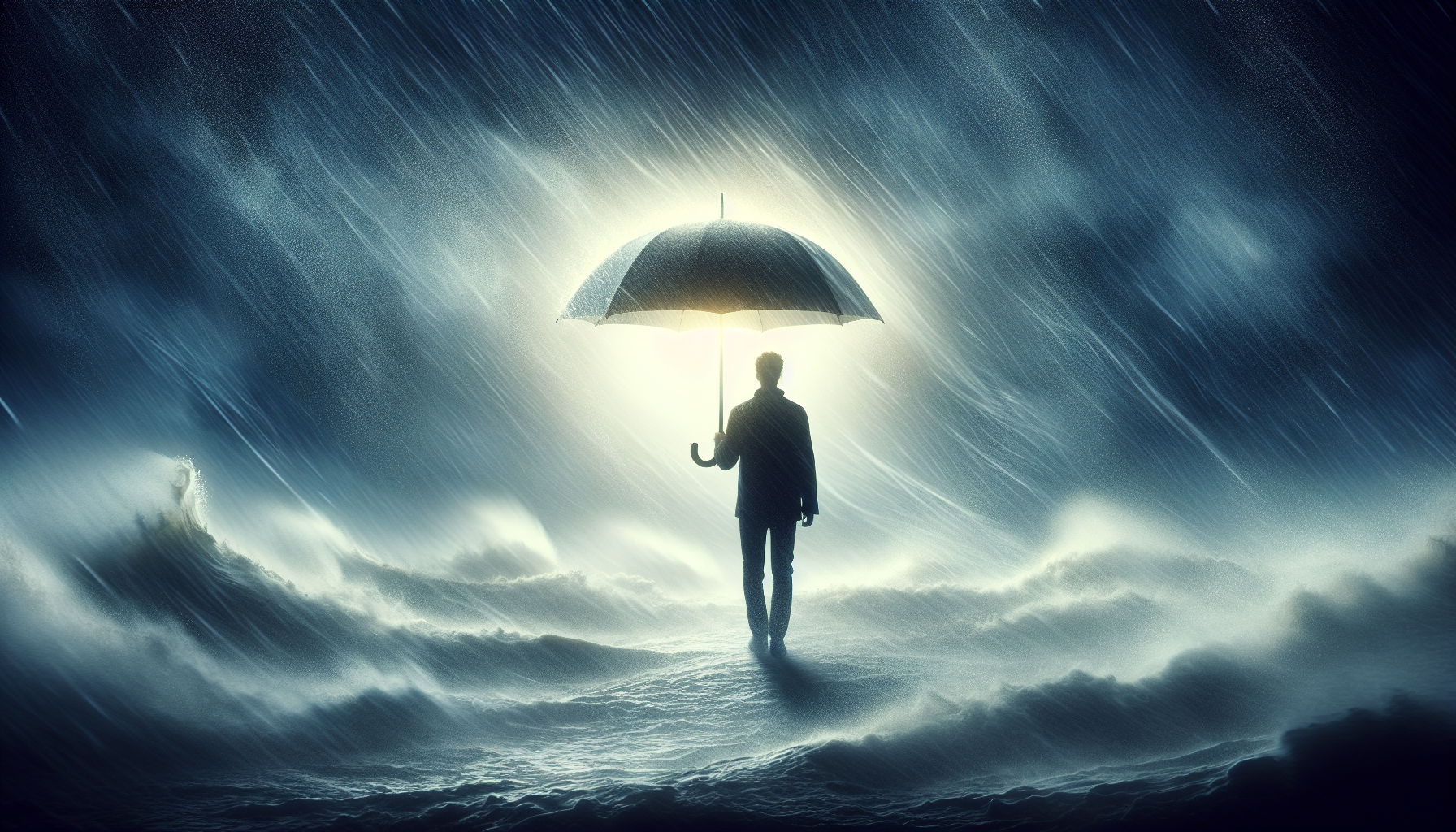 Illustration of a person holding an umbrella in a storm