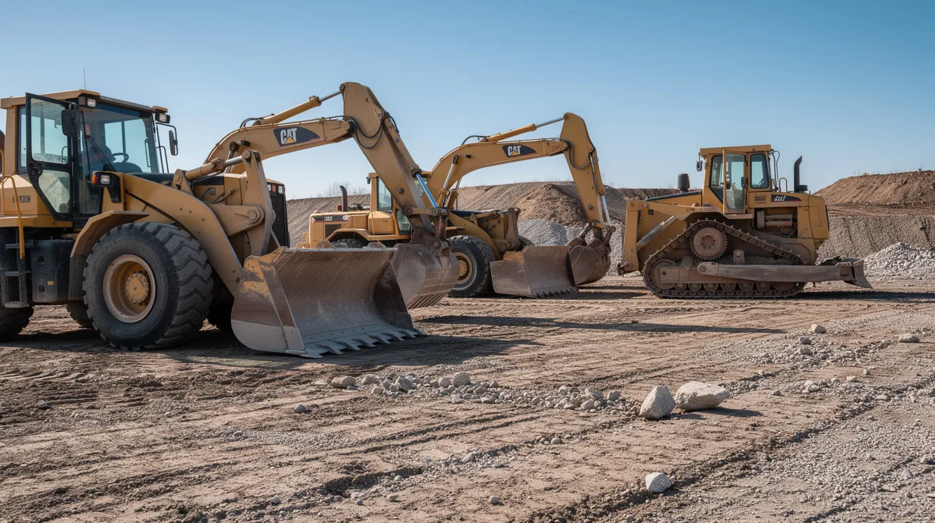 The image depicts heavy construction equipment parked at a job site under a clear blue sky, representing the essential tools for small business owners in the construction industry. Proper management of these business expenses can lead to significant tax savings and reduce taxable income for business owners.