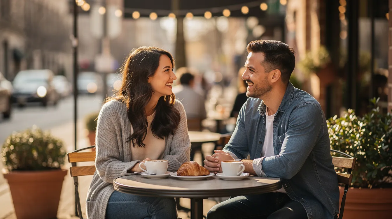 A smiling couple sits at an outdoor cafe, engaged in a lively conversation about their dating life and shared values, embodying the essence of romantic relationships on equal terms. Their relaxed demeanor highlights the importance of open-minded discussions around feminism, gender roles, and mutual respect in modern dating.