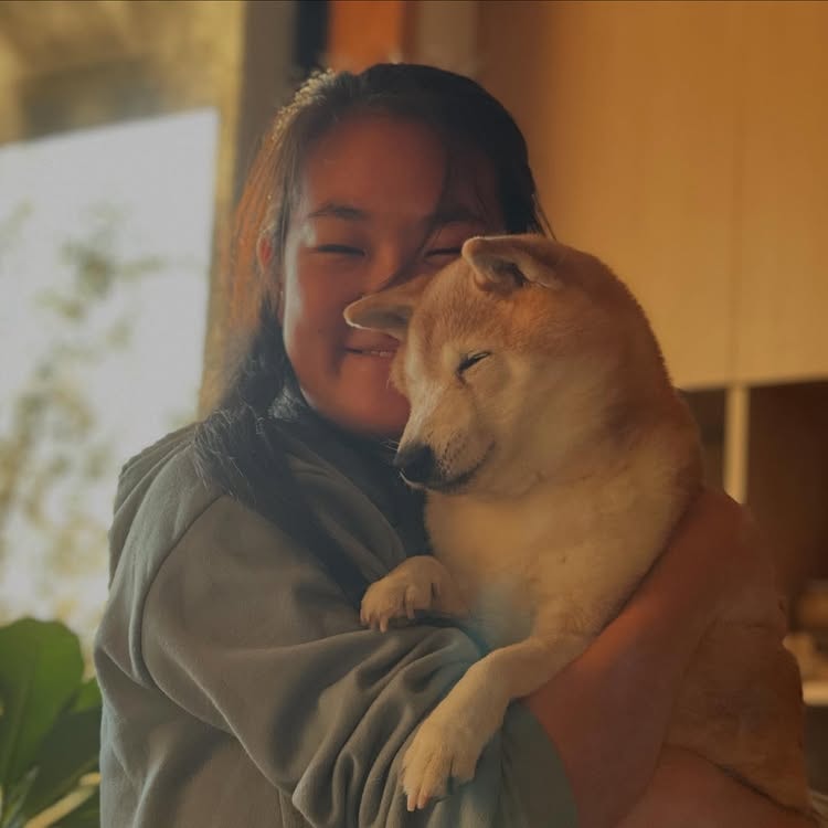 shiba inu feeling utmost comfort in its owner's arms. 