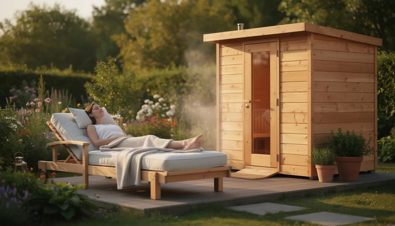 A person is lounging comfortably on an outdoor lounger beside a wooden sauna structure, surrounded by a lush garden, creating a serene backyard oasis. The scene evokes a resort-like feel, perfect for relaxation and well-being.