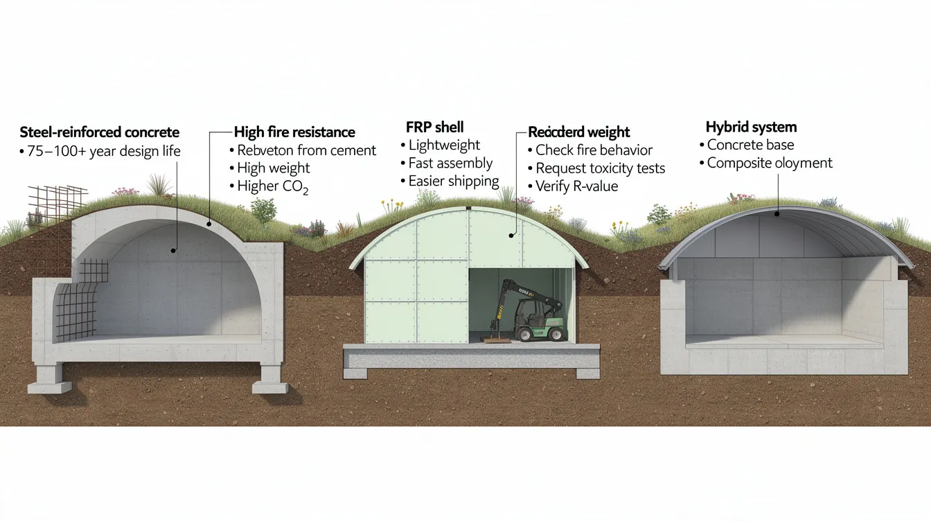 The image showcases various prefab shell types used in earth sheltered construction, including steel-reinforced concrete modules, fiber-reinforced polymer (FRP) shells, and hybrid systems. These structures are designed to blend into the natural environment, providing energy-efficient living spaces that can withstand heavy soil loads while offering excellent fire resistance.