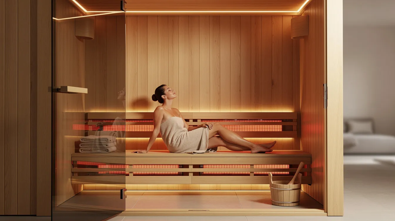 A person is seen relaxing inside a modern wooden infrared sauna cabin, surrounded by soft ambient lighting that enhances the tranquil atmosphere. This infrared sauna session offers the benefits of both near and far infrared heat, promoting stress relief and improved circulation while providing a soothing environment for relaxation.