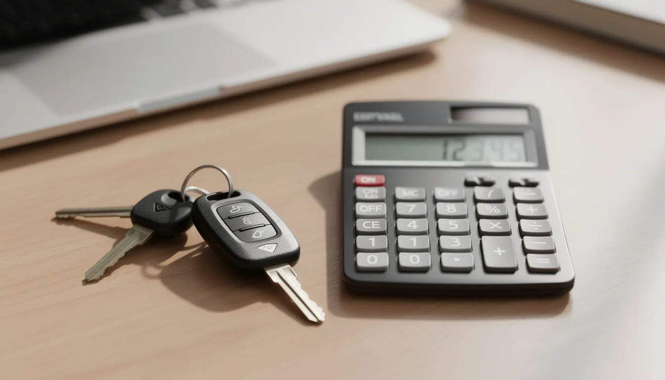 Sur un bureau, des clés de voiture sont posées à côté d'une calculatrice, suggérant une réflexion sur le coût de la location d'un véhicule. Ce cadre évoque les préoccupations d'un jeune conducteur sur le kilométrage et les options disponibles chez Europcar.
