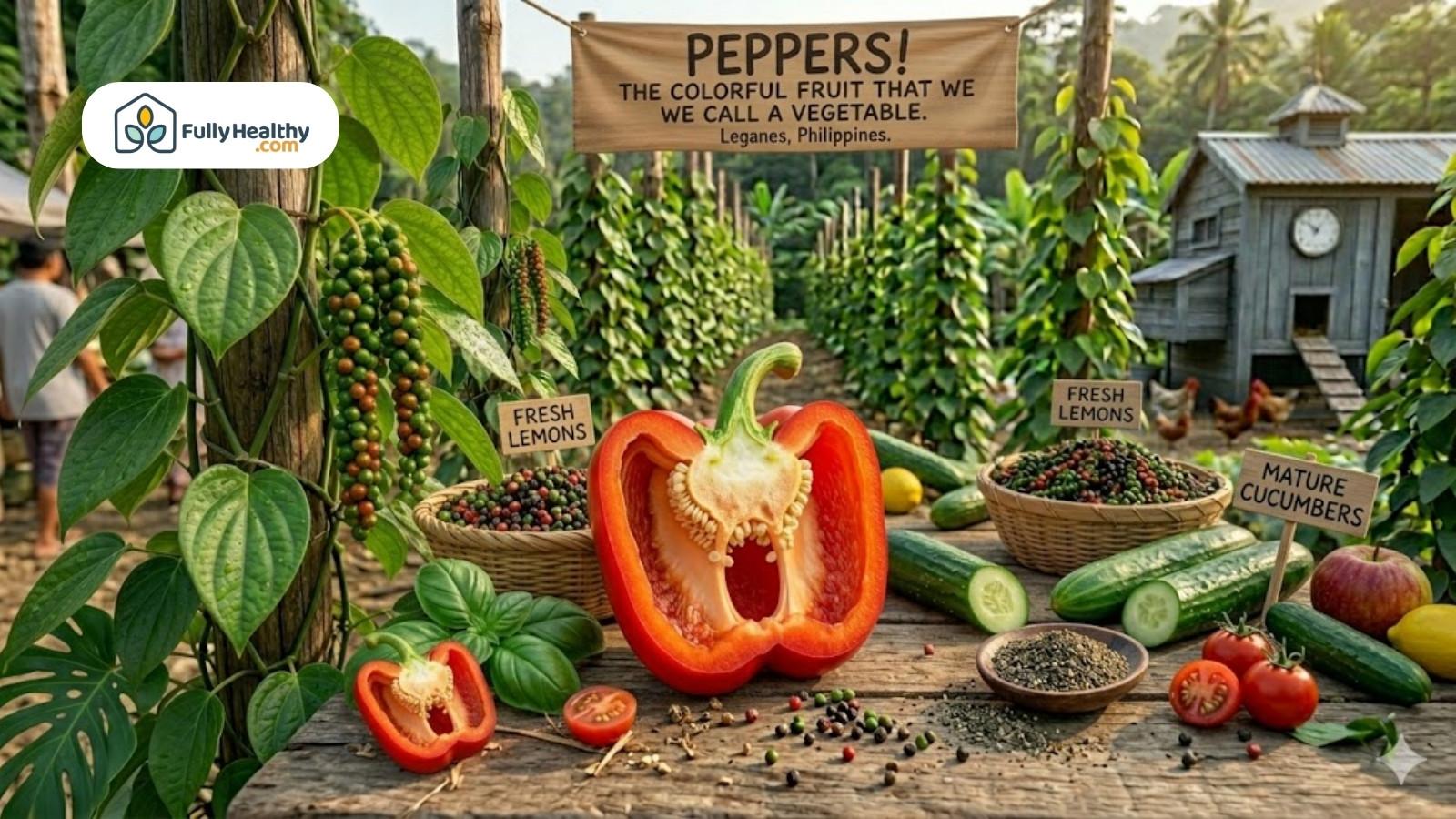 Large cut bell pepper with seeds surrounded by produce and peppercorns