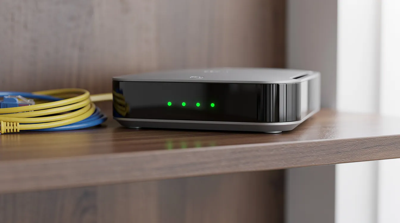 A Wi-Fi router with glowing green indicator lights is placed on a wooden shelf, accompanied by neatly coiled ethernet cables beside it. This setup ensures a reliable internet connection for seamless streaming of live TV channels and on-demand content.