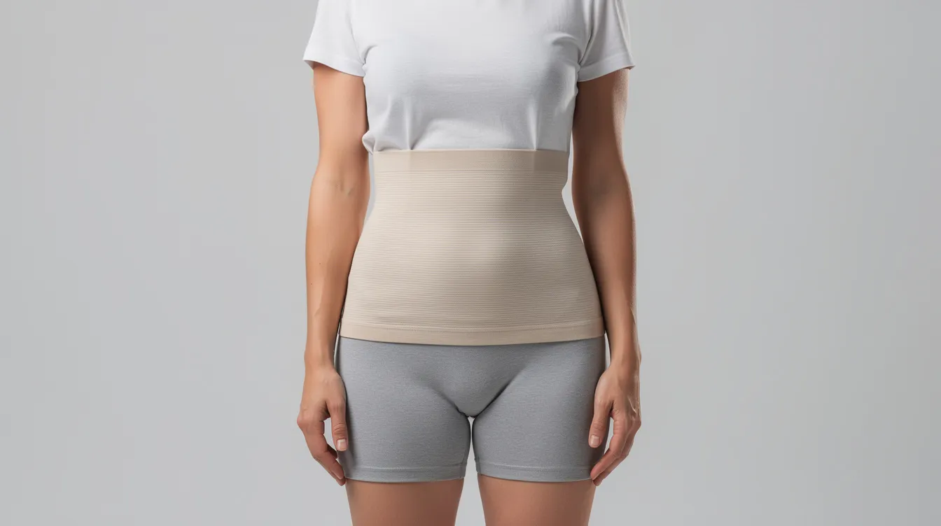 A person stands with their arms relaxed, wearing a compression garment around the midsection, which is often used after cosmetic procedures like the renuvion skin tightening treatment. This garment helps improve skin elasticity and firmness, particularly for individuals experiencing moderate skin laxity.