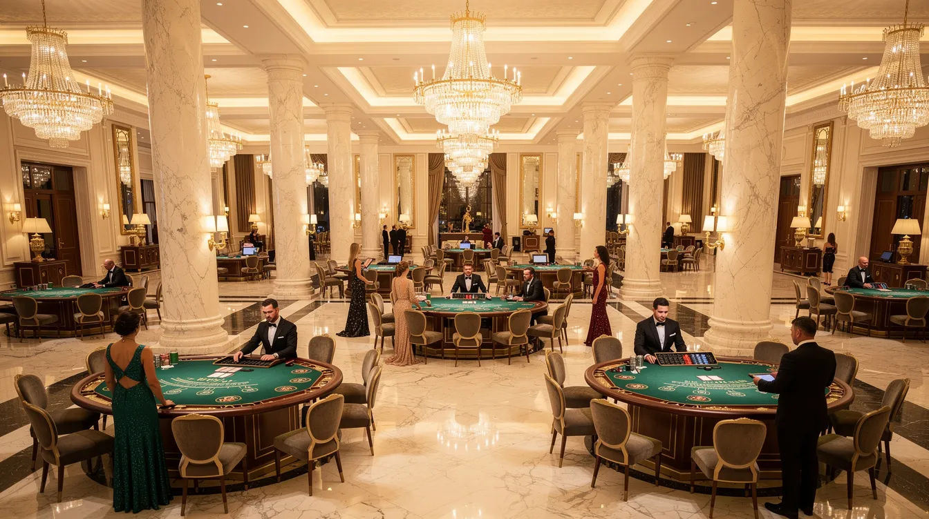 Ein großer, offener Casino-Spielsaal mit beeindruckenden Marmorsäulen, zahlreichen Spieltischen für Blackjack und Roulette sowie eleganter Beleuchtung von oben schafft eine einladende Atmosphäre für die Spieler. Der Raum ist lebhaft und vermittelt ein Gefühl von Geselligkeit und Unterhaltung.