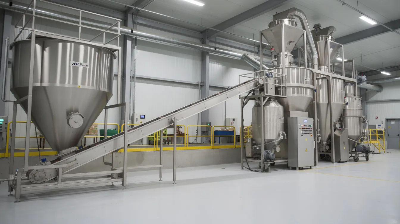 b218ef6b a1fd 4976 88c7 2e330df8b759 The image depicts industrial grain milling equipment featuring metal hoppers and conveyor belts within a food processing facility, designed for the efficient production of high-quality besan from chana dal. The setup includes hammer mills for the grinding process, ensuring a consistent texture and fine flour suitable for various culinary applications.
