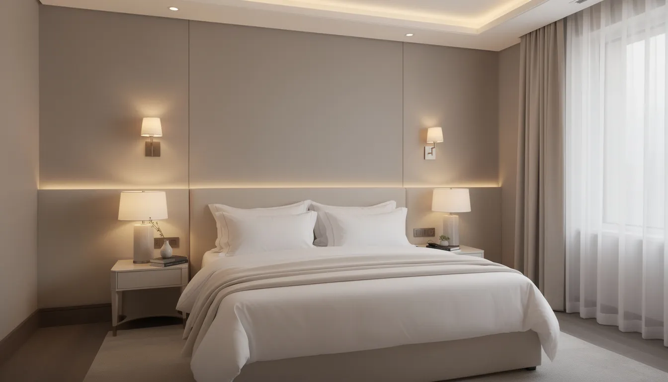 The image depicts a serene bedroom featuring crisp white linens on the bed and layered lighting that creates a luxurious hotel atmosphere, enhanced by ambient and accent lighting. Natural light filters in, highlighting the soft textures and warm wood tones, making the space feel inviting and well-designed.
