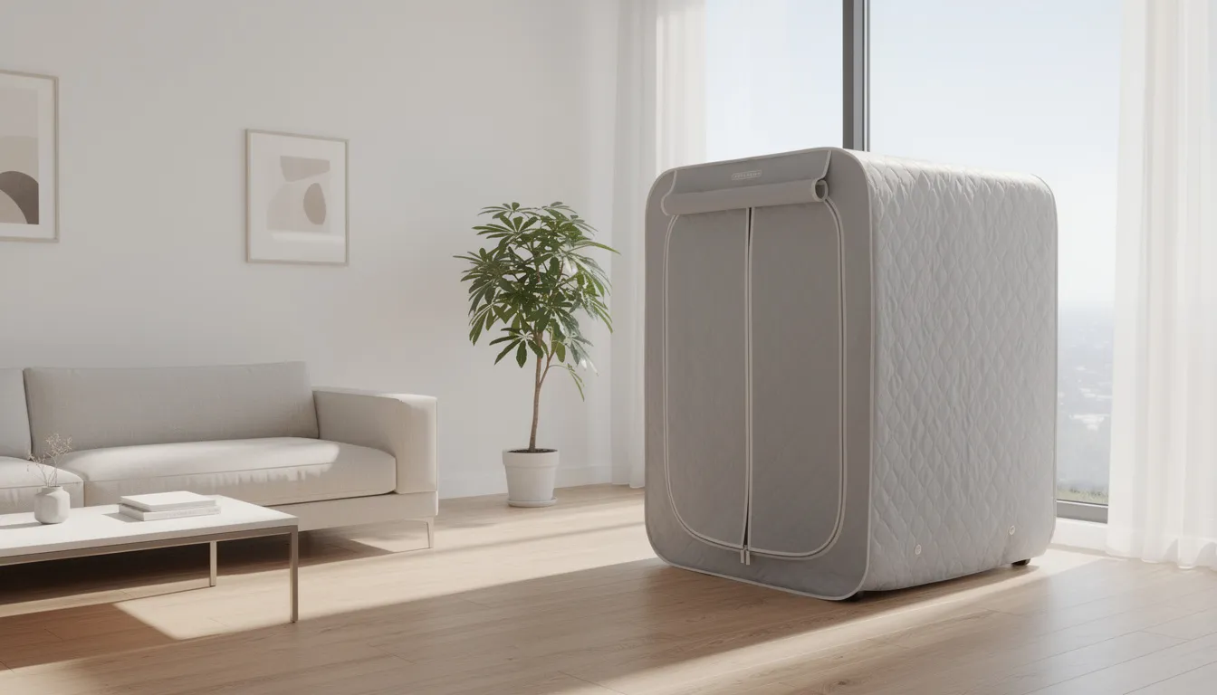 The image depicts a modern apartment living room featuring a portable sauna tent set up near a window, allowing natural light to illuminate the minimalist decor. The foldable sauna emphasizes a home wellness routine, providing a space for relaxation and stress relief with its superior heat retention and steam therapy benefits.