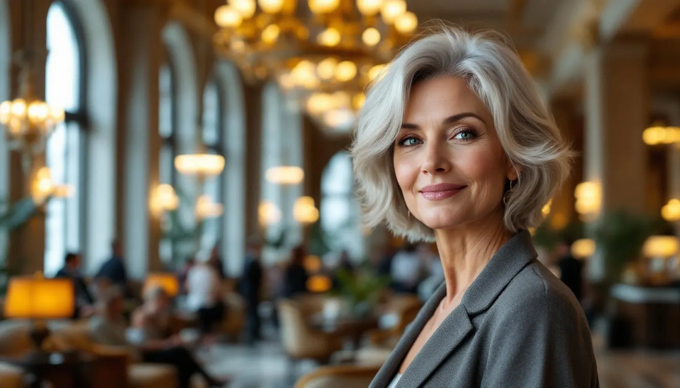 A 60-year-old woman with fine, thinning hair is styled in a chic, low maintenance haircut, featuring soft layers and wispy bangs, set against the backdrop of a bustling luxurious hotel lobby filled with people. The hairstyle beautifully frames her face, showcasing her mature features while complementing the elegant atmosphere around her.