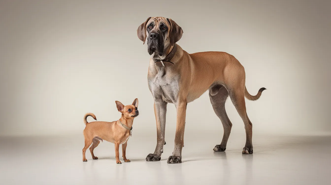 The image depicts a Chihuahua standing next to a Great Dane, highlighting the dramatic size difference between these two distinct dog breeds. Both dogs, belonging to the same species, Canis lupus familiaris, showcase the diversity found within domestic dogs, illustrating how selective breeding has resulted in such varied physical traits.