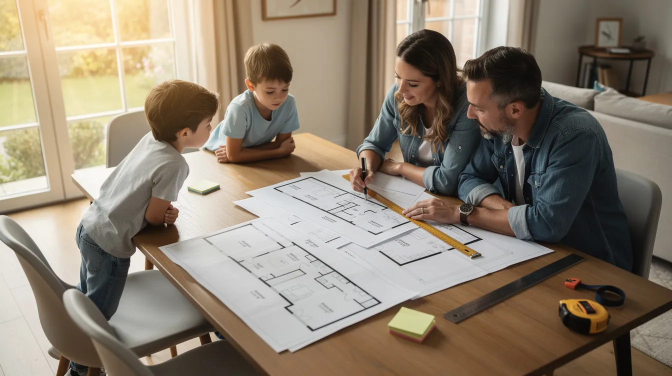 A family is gathered around a dining table, examining renovation plans with detailed floor plan drawings spread out before them. The scene captures their collaborative effort in planning their home improvements, reflecting a sense of togetherness and purpose.