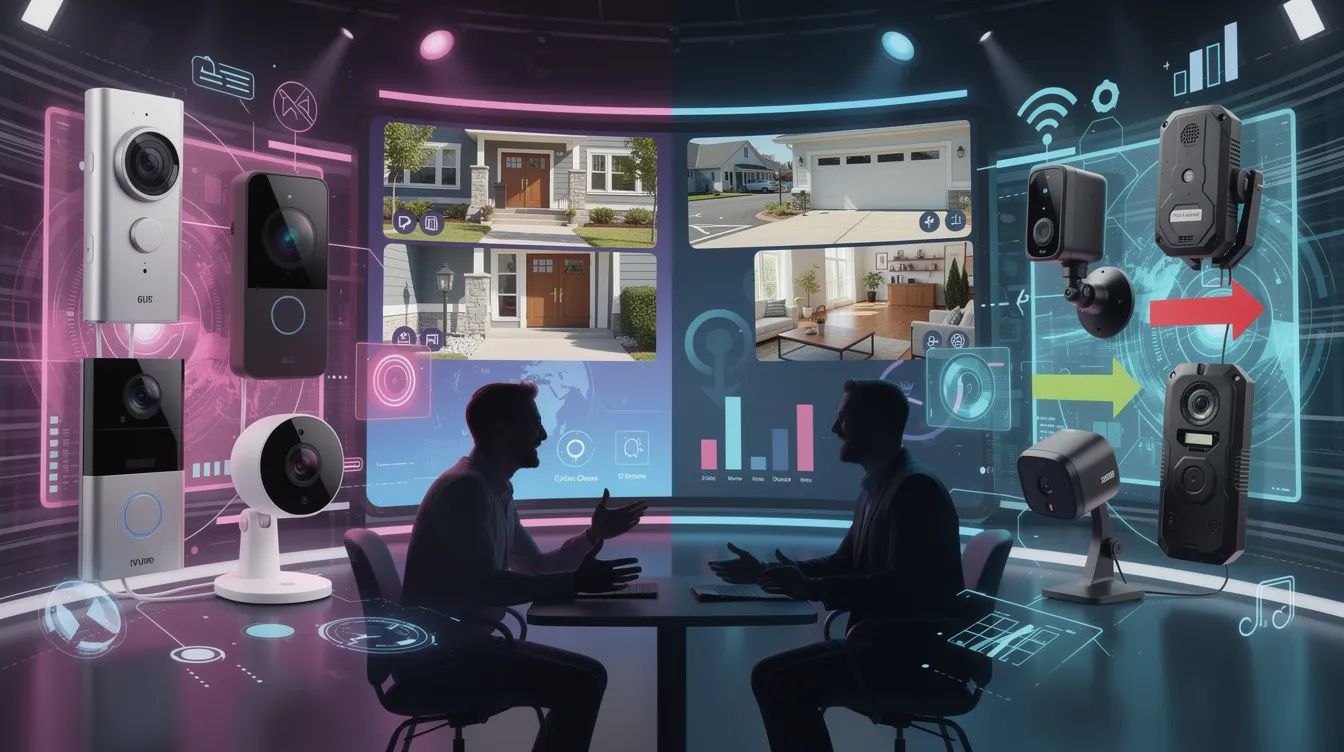 An illustration showing advanced features of smart security devices including video doorbells and cameras.