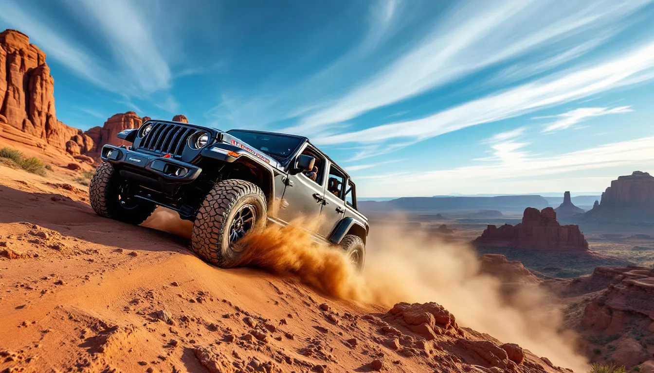 An off-road vehicle navigating one of the best trails in Moab, showcasing the stunning scenery.