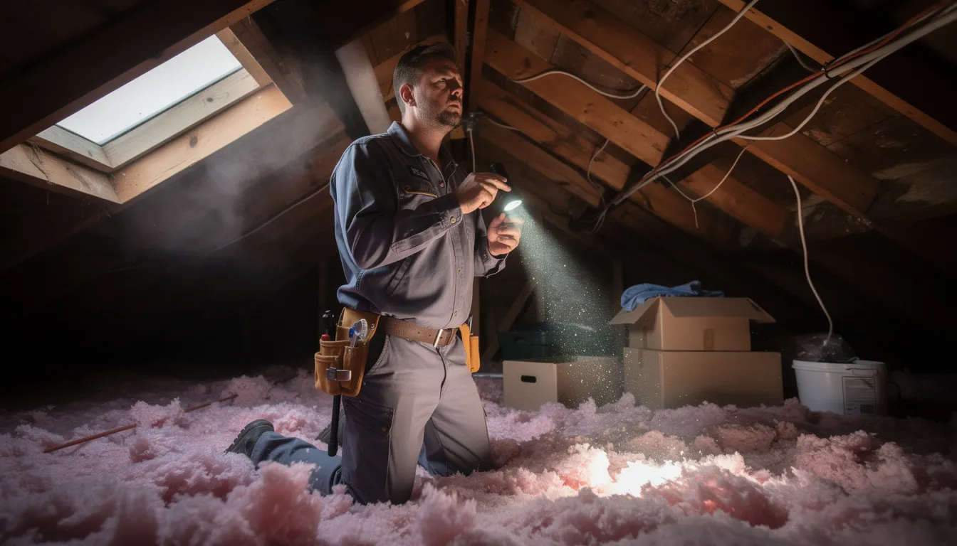 A professional technician is inspecting an attic space illuminated by a flashlight, revealing exposed rafters and insulation. The technician is assessing for signs of rodent activity, such as rat droppings and potential entry points, to address any rat problems and prevent future infestations effectively.