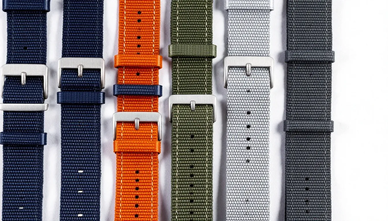 Various watch straps made from sailcloth and modern technical materials are displayed in a vibrant range of colors, including classic black, yellow, and turquoise. These great quality straps are designed to match different styles and timepieces, offering customers a perfect strap for any occasion.