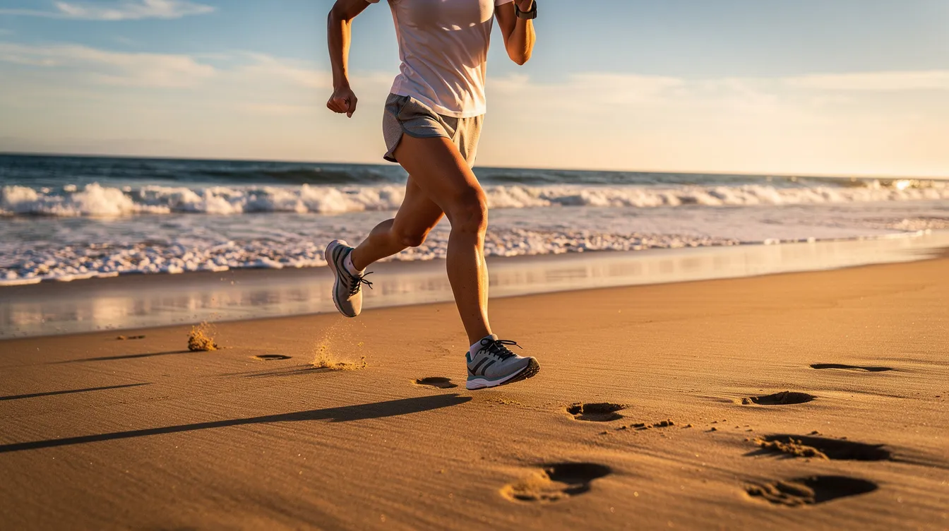 A person jogs along a sunlit beach, with gentle waves crashing in the background, promoting physical health and emotional well-being. This activity not only enhances cardiovascular health but also serves as a great way to relieve stress and improve mental health through time spent in nature.