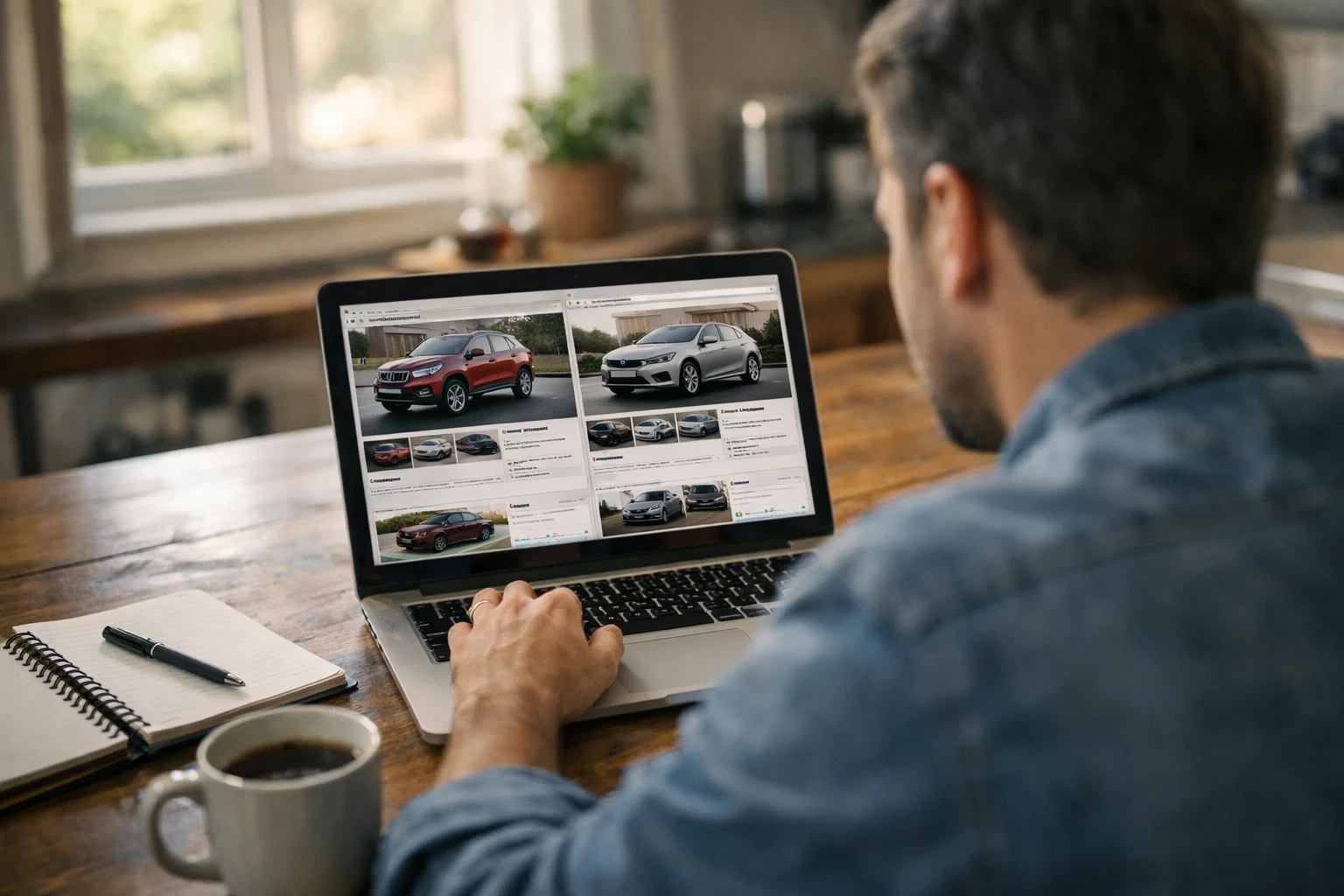 Car buyer researching vehicles online at home using a laptop before visiting a dealership.