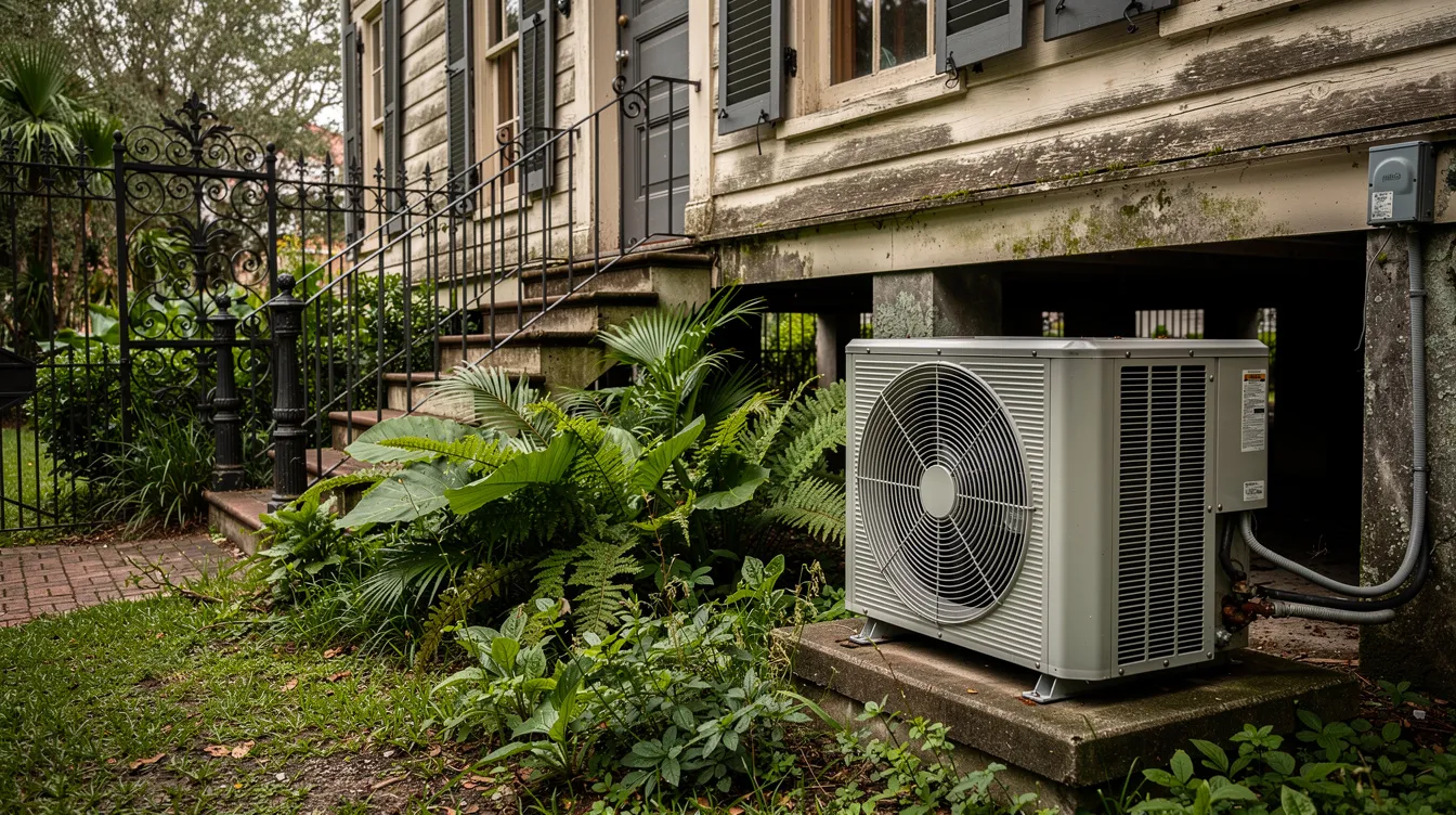 An outdoor air conditioning unit is positioned next to a raised New Orleans-style home, surrounded by lush green vegetation and a decorative wrought iron fence. This scene highlights the importance of an efficient HVAC system for maintaining cool air and indoor air quality in the warm climate of New Orleans.