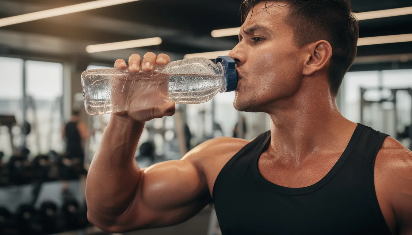 An athlete is seen in a gym setting, taking a refreshing drink from a large water bottle, likely to stay hydrated during their workout. The scene reflects the importance of hydration in athletic performance and fitness goals, especially when using powdered supplements like creatine for muscle mass enhancement.