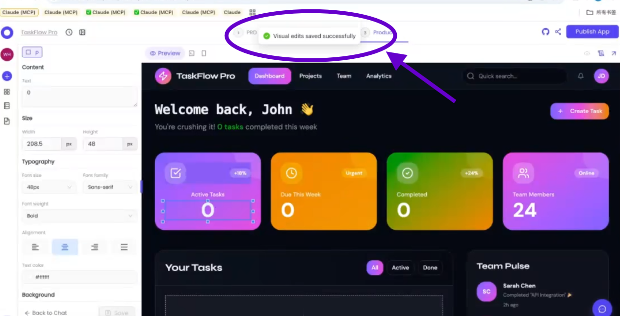Image showing Omniflow's visual editor in browser, where changes to text body, colorful buttons, page titles, headers, animations or print can be done easily and saved to PRD automatically. 