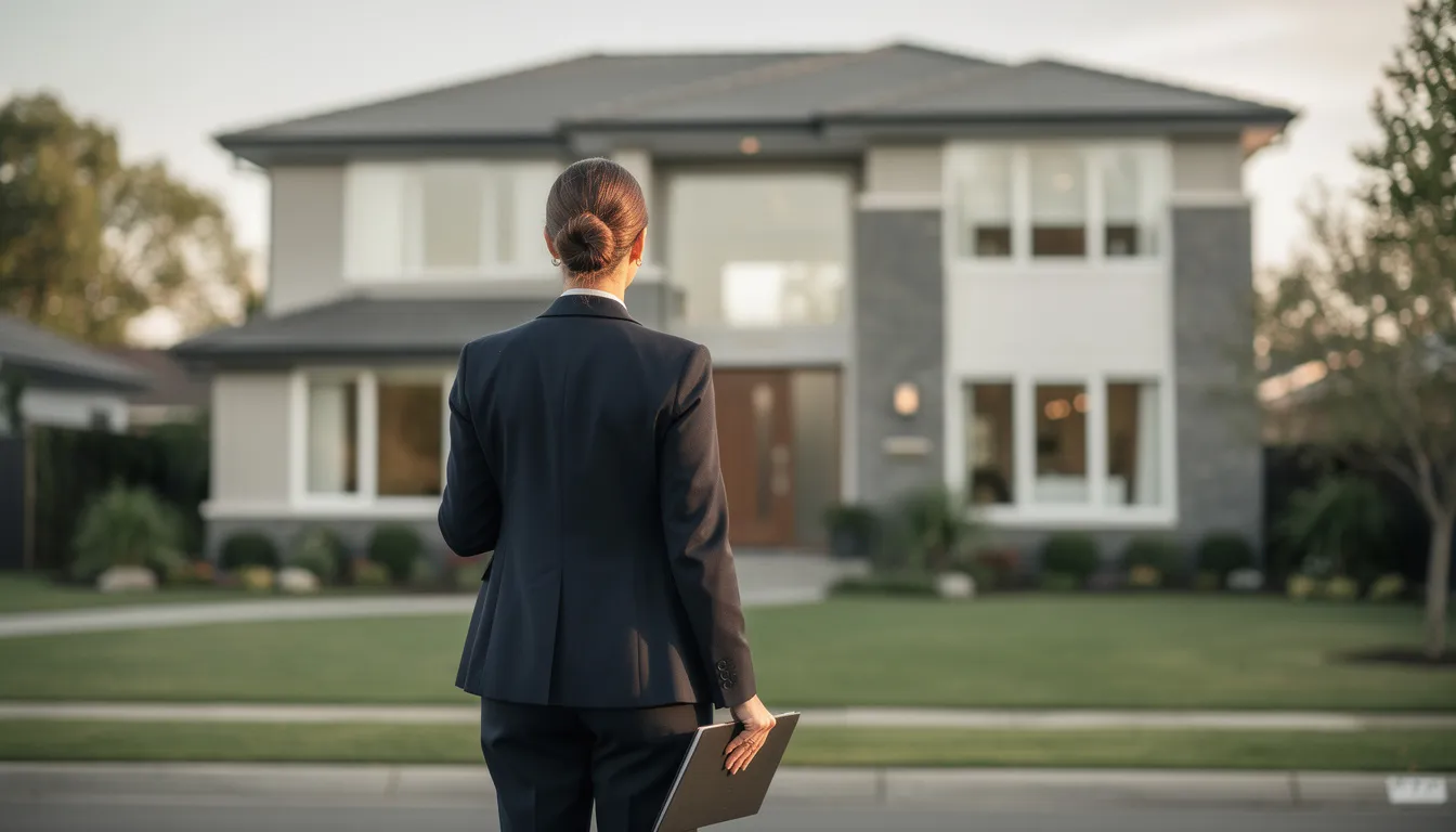 A real estate agent stands with their back to the viewer, gazing at a charming house, likely considering the MLS listings and property search functions available on their real estate website. The scene captures the essence of the real estate business, highlighting the agent's role in connecting clients with MLS properties.