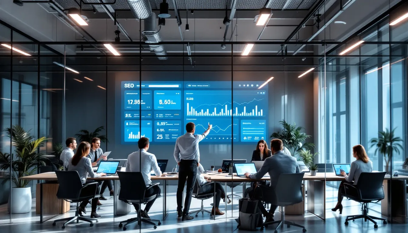 An image depicting a modern office environment showcasing a team of professionals engaged in a brainstorming session, representing an exceptional SEO marketing agency. The scene highlights collaboration on SEO strategies aimed at improving online visibility and driving organic traffic for clients worldwide.