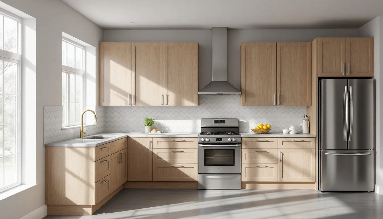 A modern kitchen features light wood stain cabinets with a multi-toned design, showcasing stylish cabinetry that enhances the workspace. The combination of off-white and wood tones creates a bright and inviting atmosphere, perfect for a dream kitchen remodel.