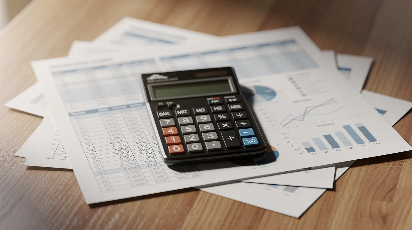 b2272466 de2c 4eeb 9fc2 8977136a227b The image features a calculator resting on top of various financial spreadsheets, including balance sheets and cash flow statements, all arranged neatly on a wooden desk. This setup suggests a focus on financial analysis and preparation of CMA data for informed lending decisions.