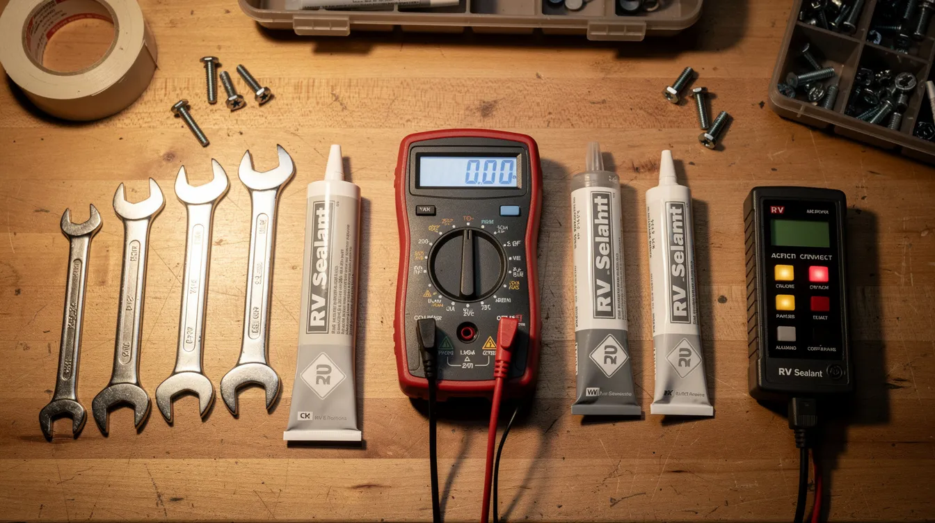 The image shows a variety of RV repair tools, including a multimeter, sealant tubes, wrenches, and a battery tester, neatly arranged on a workbench, highlighting essential equipment for mobile RV repair and maintenance. This assortment reflects the professionalism and expertise required for servicing motorhomes and ensuring they are road-ready.