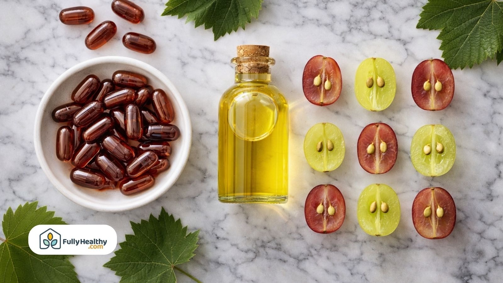 Grape seed oil bottle with capsules and sliced grapes on marble