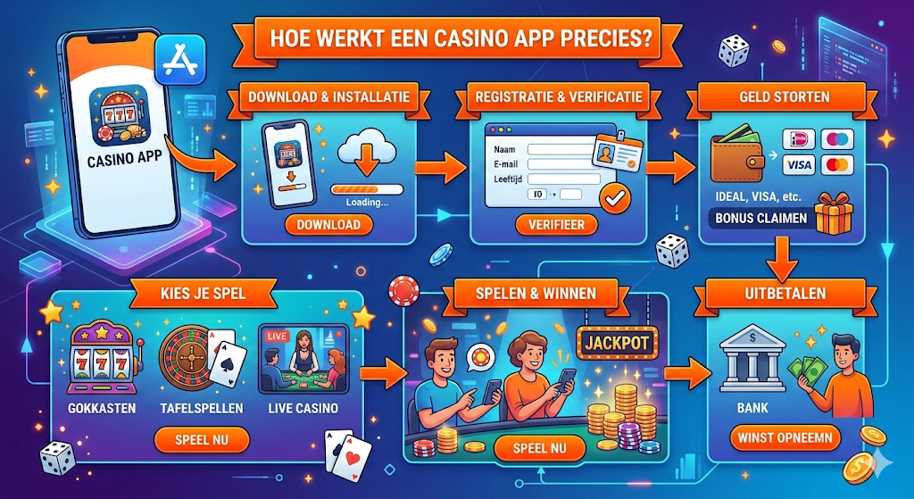 Infographic die laat zien hoe een casino app werkt, van casino app downloaden via Google Play Store of Apple App Store, account registreren en geld storten tot online casino spellen spelen en winst uitbetalen bij legale casino apps in Nederland.