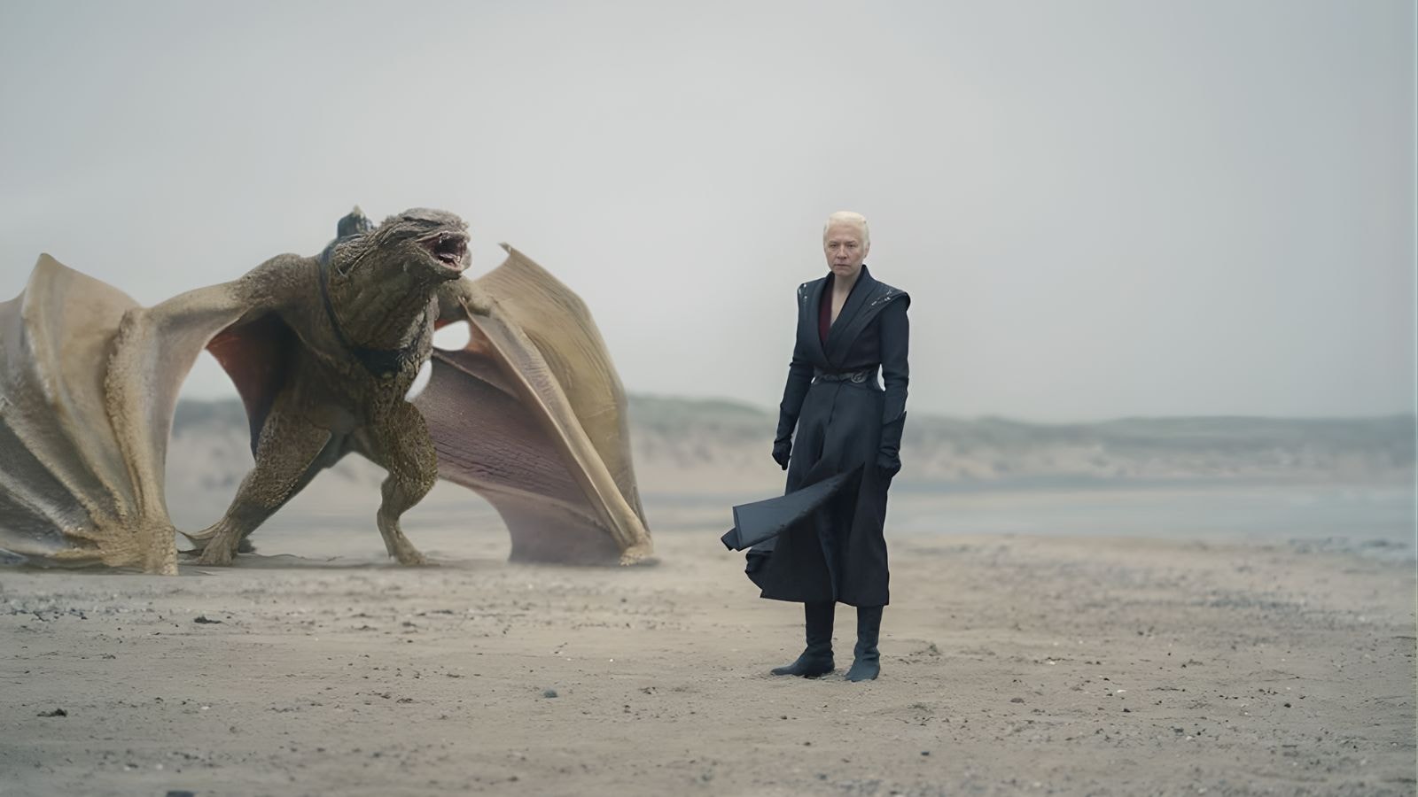 Emma D'Arcy as Rhaenyra Targaryen stands before roaring dragon on misty beach alone in House of the Dragon Season 2