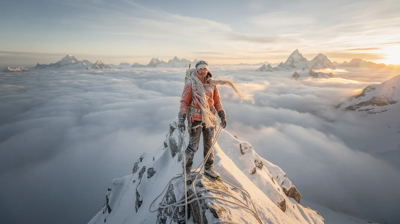 Un alpiniste se tient au sommet d'une montagne, contemplant un vaste panorama de nuages en contrebas, symbolisant l'endurance et la persévérance. Cette image évoque les qualités d'un bon leader, telles que la résilience et la capacité à surmonter les défis.