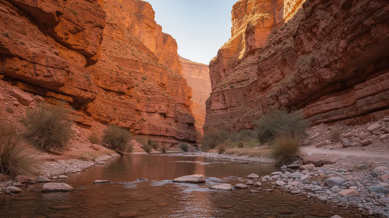 Cañón estrecho de paredes rojizas con un pequeño río en el sur de Marruecos.