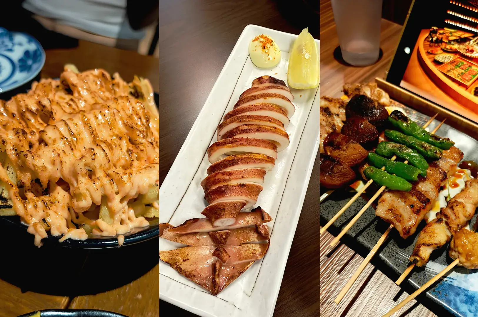 assorted izakaya dishes including grilled squid yakitori skewers and Japanese bar food close up