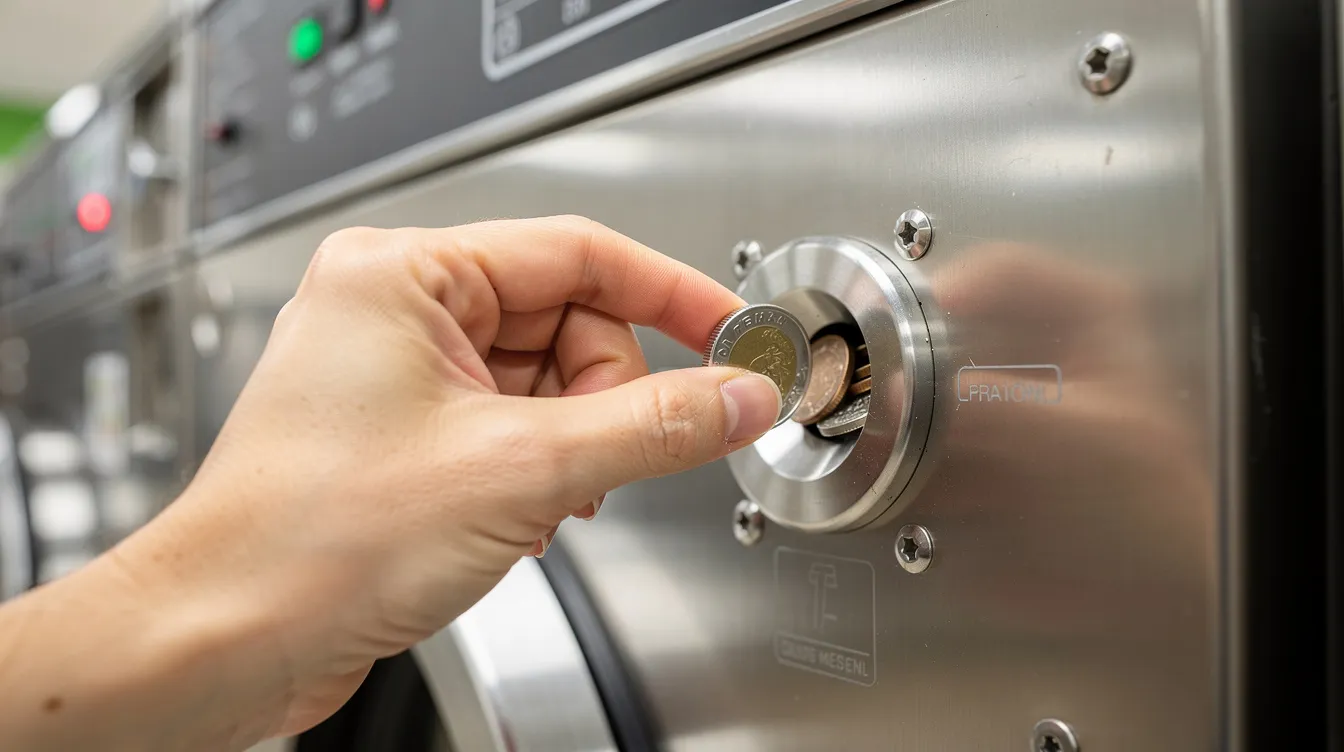 A close-up view shows a person inserting coins into the silver coin slot of a commercial washing machine, which is part of the hotel laundry facilities. This machine is designed for washing clothes, ensuring cleanliness and convenience for guests managing their hotel linens.