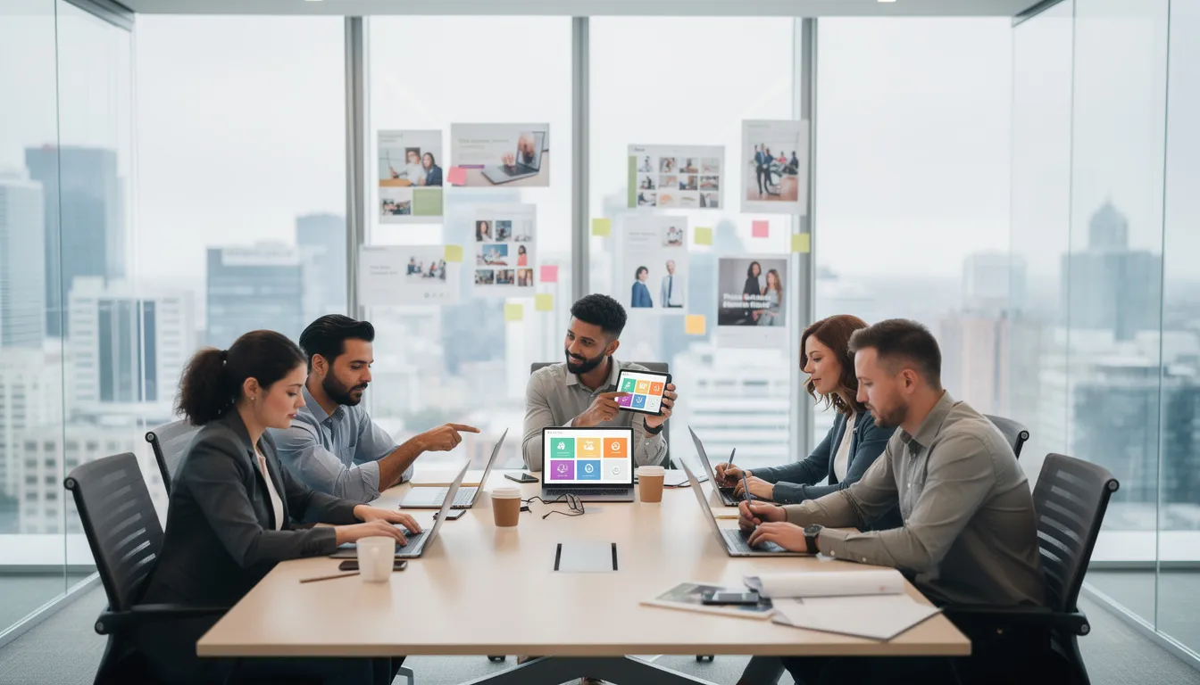 A marketing team is gathered around a table, reviewing campaign content on their laptops and tablets, focusing on strategies for influencer marketing and local SEO to engage potential customers through various social media platforms. They are discussing how to leverage local influencers and create content that resonates with their target audience in the local area.