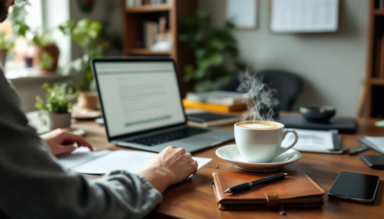 How to Create Blogs That Attract the Right Audience - A content creator sits at a desk, focused on writing a blog post, with a steaming coffee cup and an open notebook nearby. This scene captures the essence of the blogging journey, highlighting the importance of creating engaging blog content that attracts the right audience.