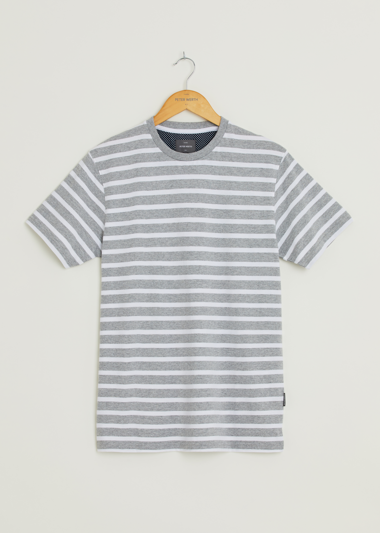 grey/white striped short sleeved t-shirt