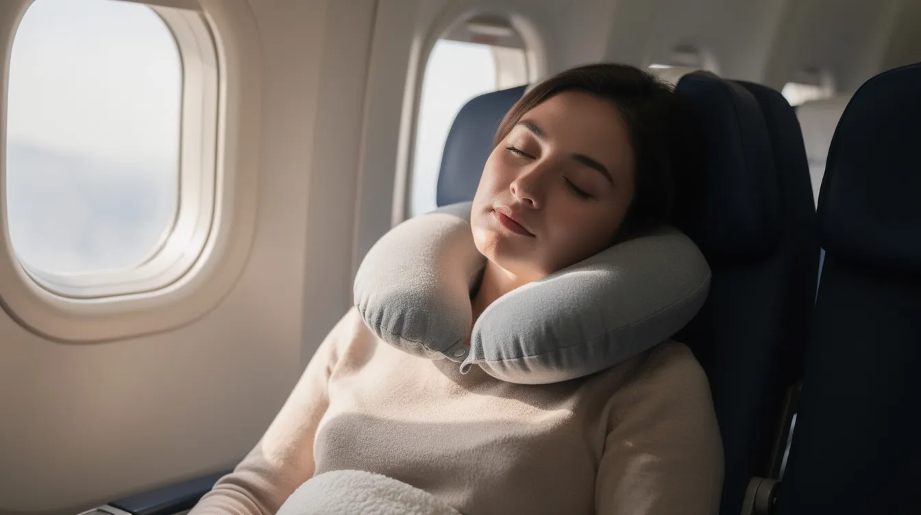 A person is peacefully sleeping in an airplane seat, supported by a U-shaped travel neck pillow made of memory foam, designed to provide excellent support and pressure relief during long journeys. The cozy pillow ensures a snug fit, making it an essential travel accessory for a comfortable journey.