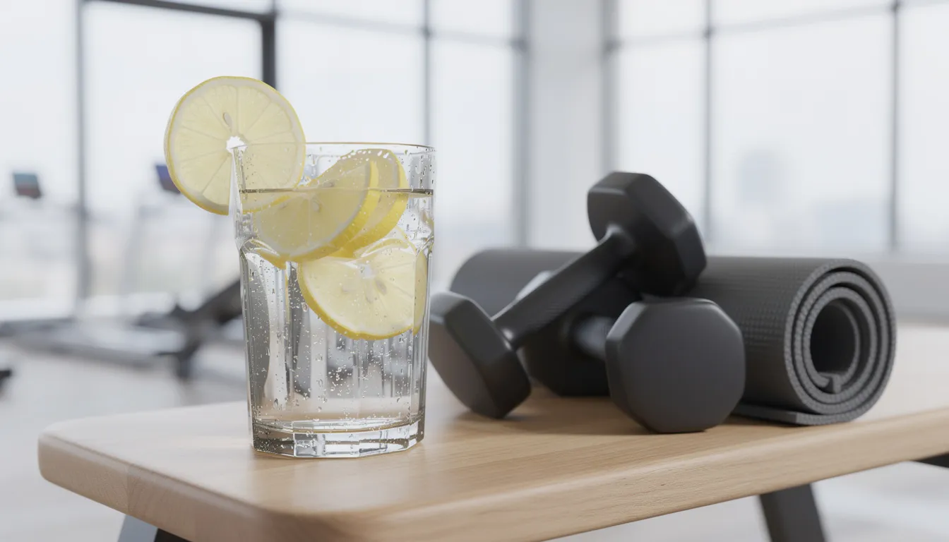A glass of water with fresh lemon slices sits next to various exercise equipment, emphasizing the importance of hydration and nutrition in a fitness routine, especially for those considering creatine supplementation to enhance muscle growth and exercise performance.