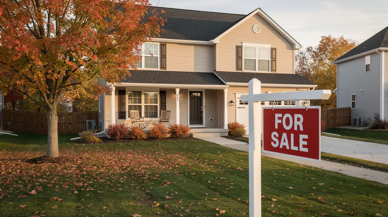 The image depicts a suburban house with a "For Sale" sign prominently placed in the front yard, surrounded by colorful autumn foliage. This scene may evoke considerations of probate real estate, as families navigate the probate process and legal challenges associated with the sale of a deceased person's estate.