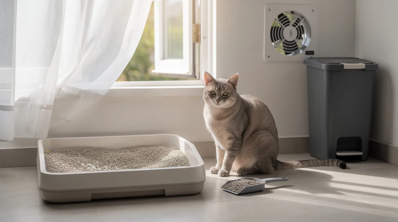 A cat sits comfortably near a tidy litter box in a well-ventilated room, emphasizing a clean environment essential for fighting tough pet odors. The scene suggests a space free from harsh chemicals, promoting the use of natural odor eliminators to maintain freshness.