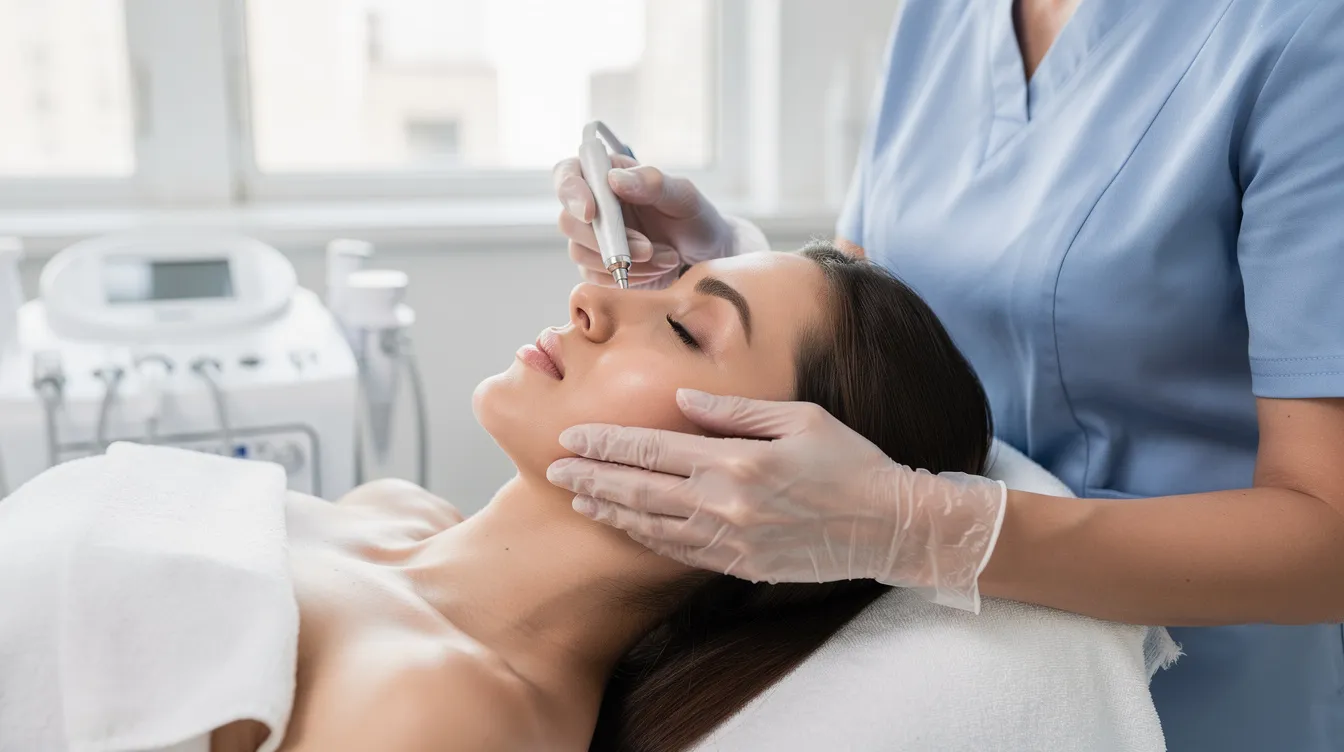 A patient is receiving a gentle facial aesthetic treatment in a bright clinical room, showcasing the advanced technology of minimally invasive laser treatment aimed at stimulating collagen production for youthful and radiant skin. The procedure, which involves local anesthesia for minimal discomfort, is designed to address skin laxity and enhance skin elasticity, offering visible improvements with minimal downtime.