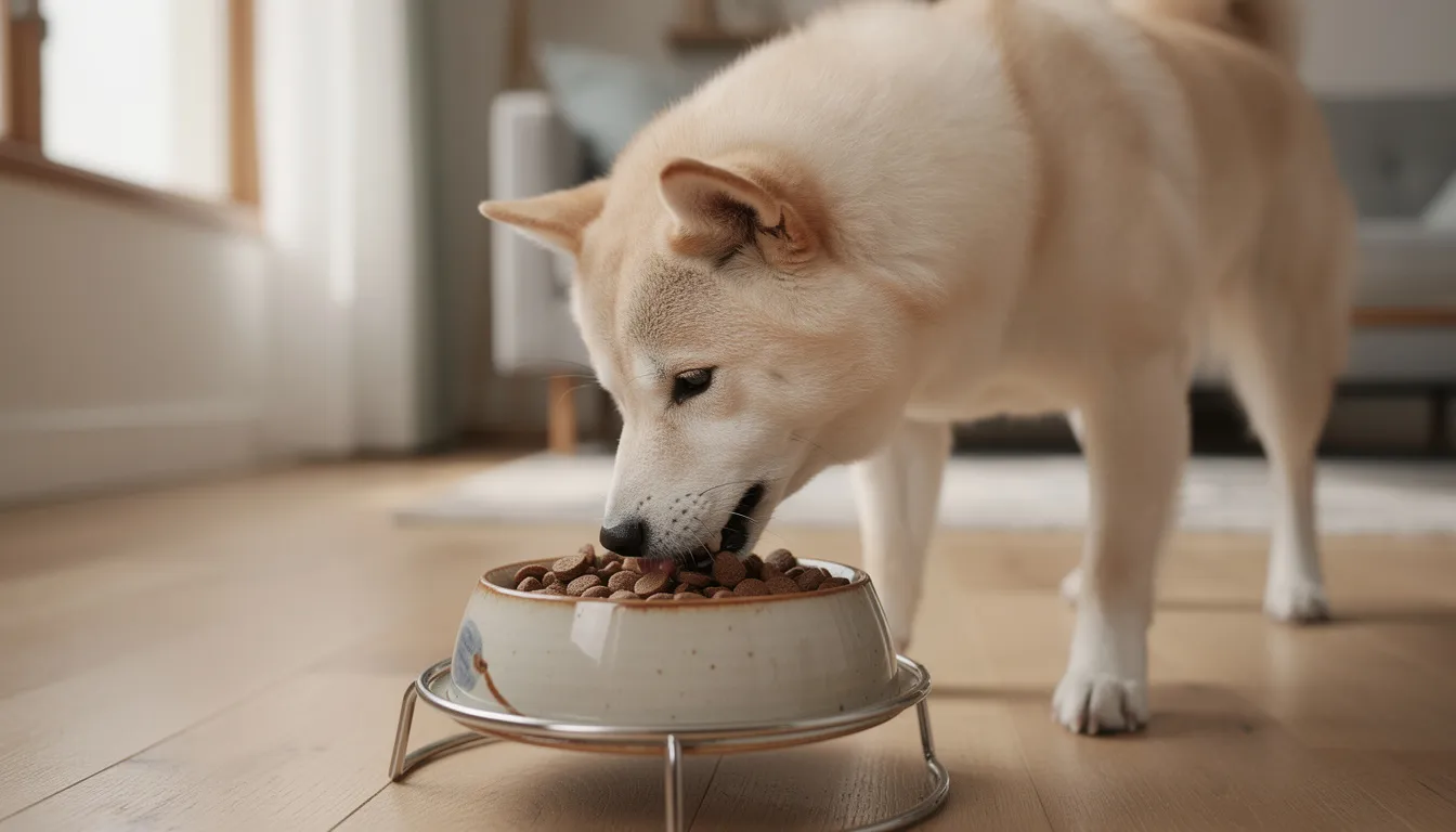 A Kishu Ken dog, an ancient Japanese breed known for its strong hunting instincts, is happily eating high-quality kibble from a dog bowl. This medium-sized breed, often used as a hunting dog for wild boar and deer, showcases its affectionate nature as it enjoys its meal.