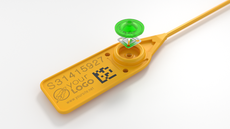 Yellow plastic pull-tight seal with QR code, serial number, and green seal marked 'SEAL 123456'