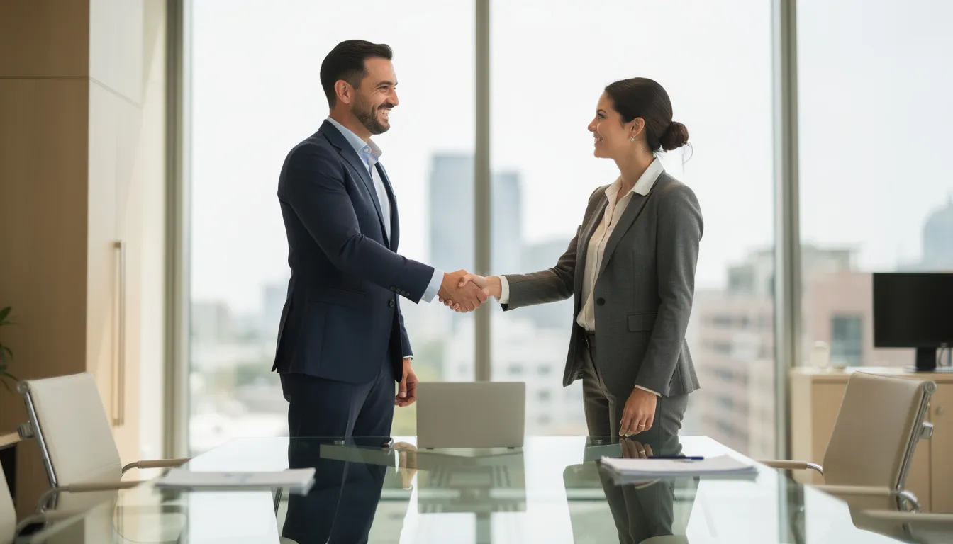 In a modern office setting, two professionals are shaking hands, symbolizing a business partnership. This gesture reflects collaboration and the pursuit of shared business goals, essential in fields like healthcare and management services organizations.